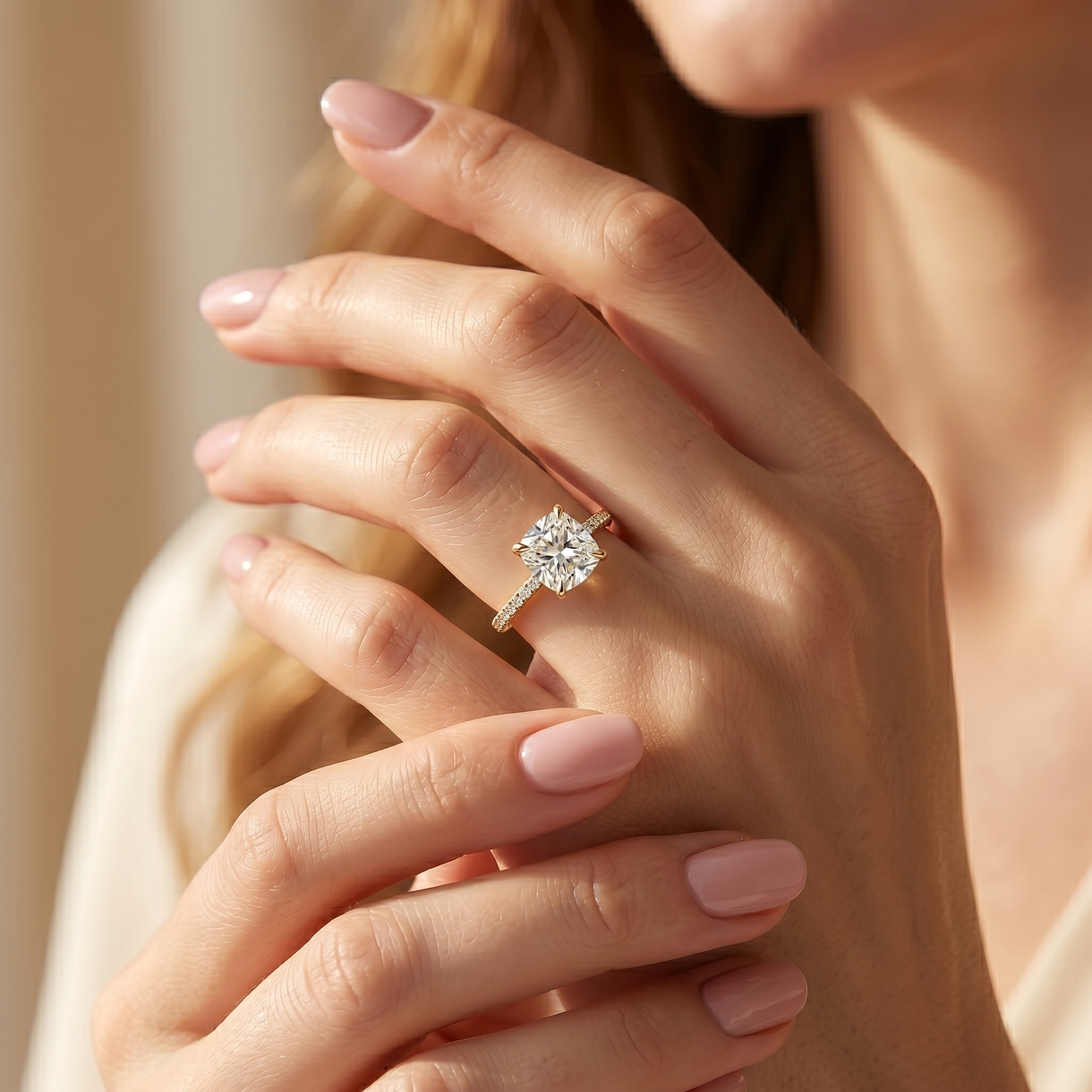 A close-up of a hand showcasing a cushion-cut moissanite ring in yellow gold.