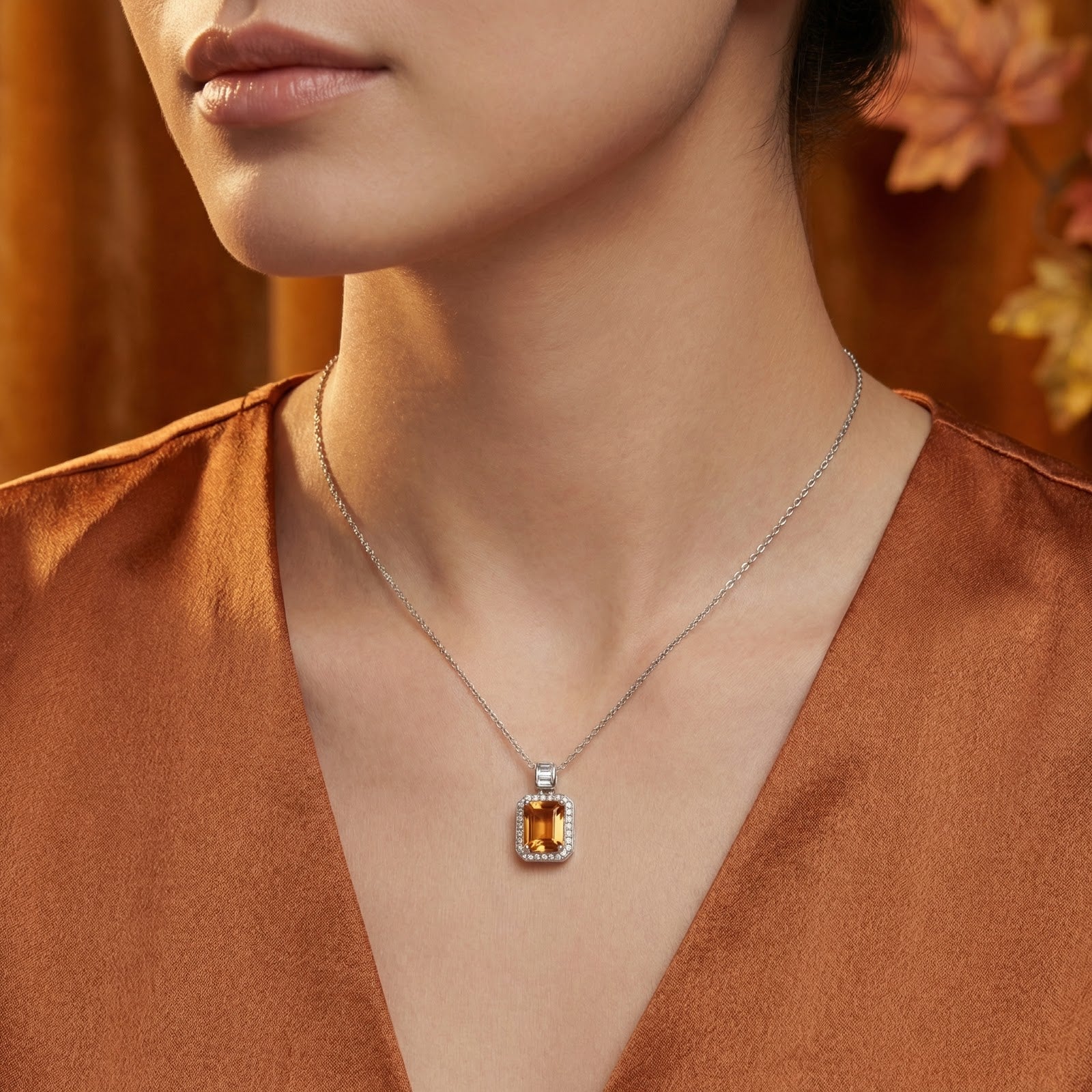 Emerald cut simulated topaz necklace in sterling silver worn by a model against a warm autumn backdrop.