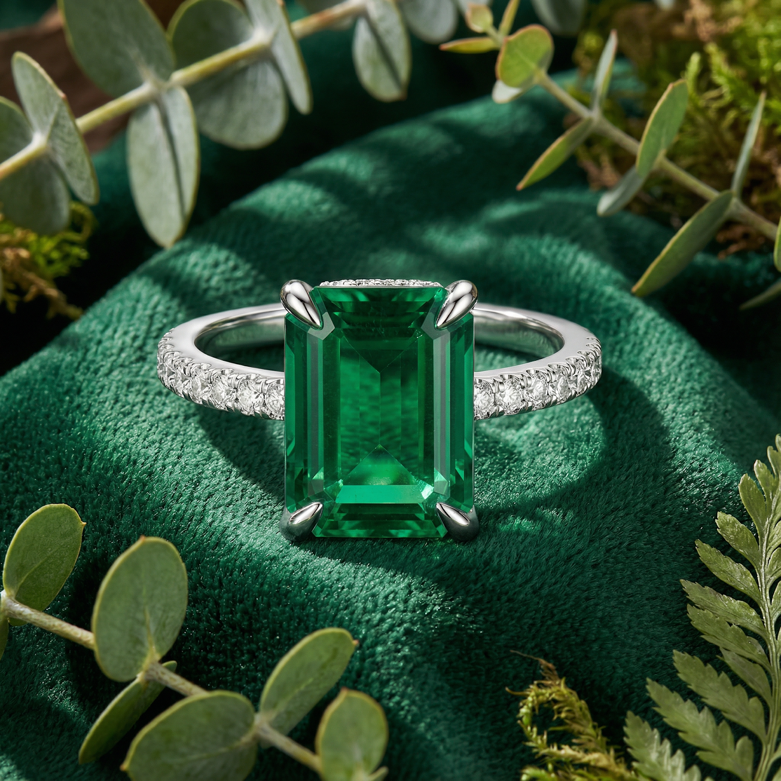 Front view of an emerald-cut simulated emerald ring in S925 sterling silver on green velvet with leaves.