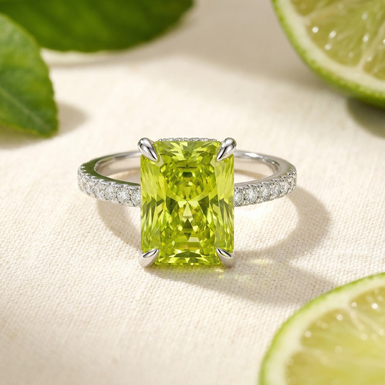 Radiant-cut simulated peridot ring in S925 sterling silver with pavé band, styled with fresh lime slices.