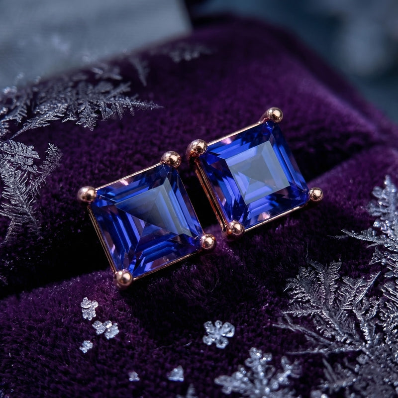Macro shot of princess-cut simulated tanzanite stud earrings featuring 18K rose gold vermeil prong settings.