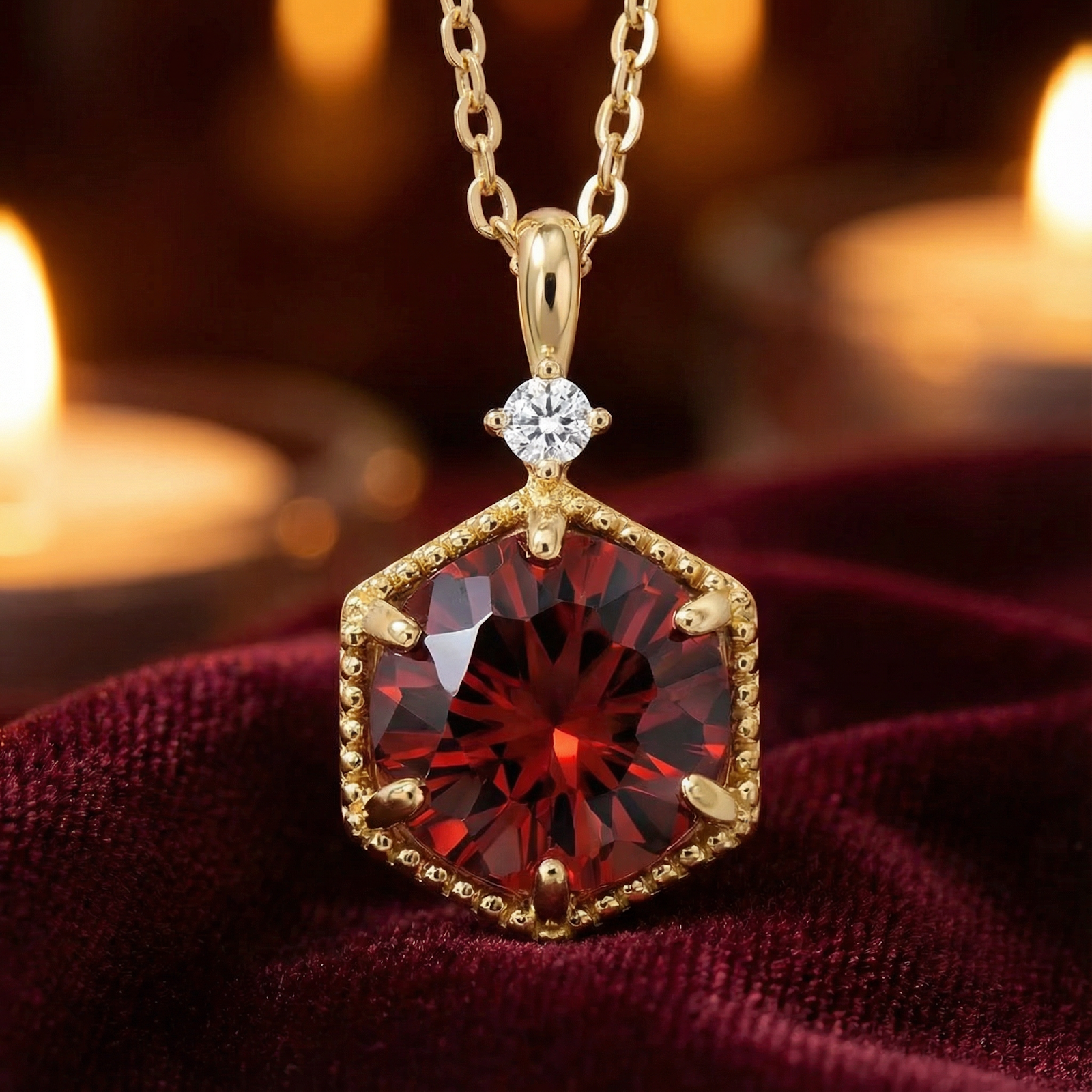Hexagon cut simulated garnet necklace in 18K gold vermeil on red velvet with warm candle light.