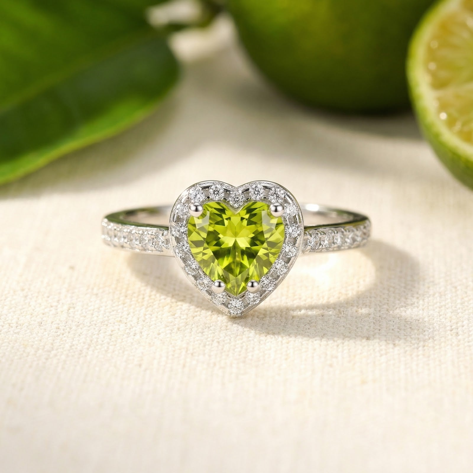 Heart-cut simulated peridot ring in S925 sterling silver with a halo setting, shown in a lifestyle setting with limes.