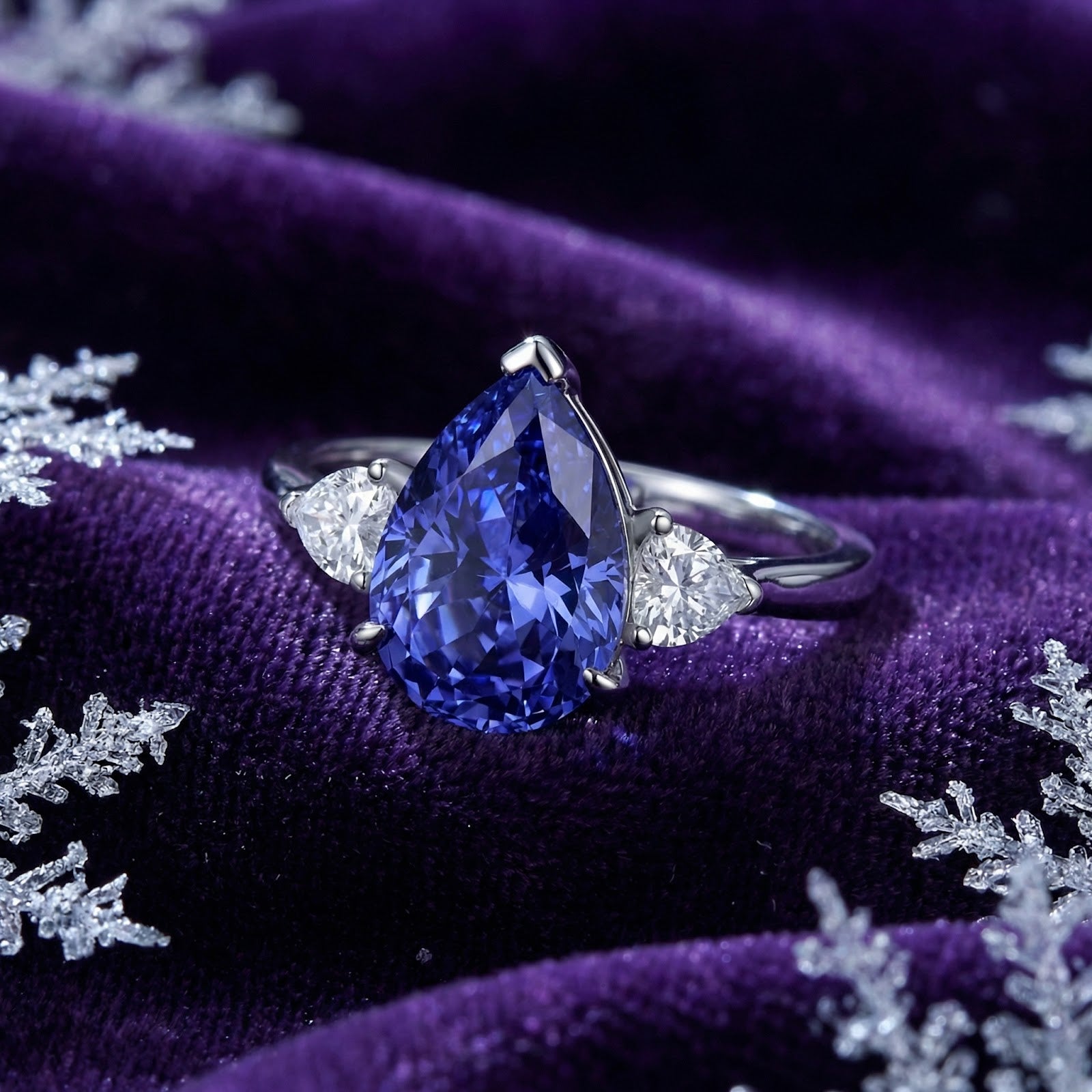 Pear-cut simulated tanzanite sterling silver ring on purple velvet with snowflake accents.
