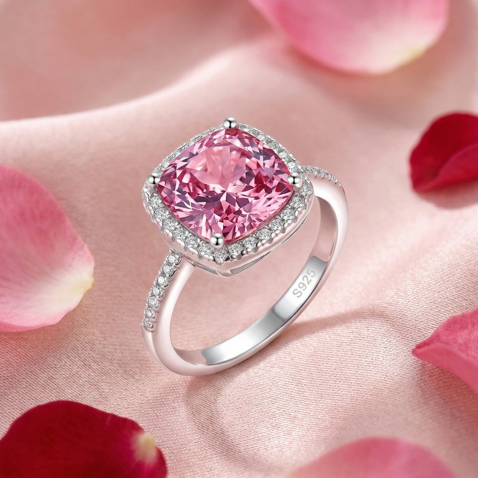 Cushion cut pink tourmaline halo ring in S925 sterling silver displayed on pink silk with rose petals.