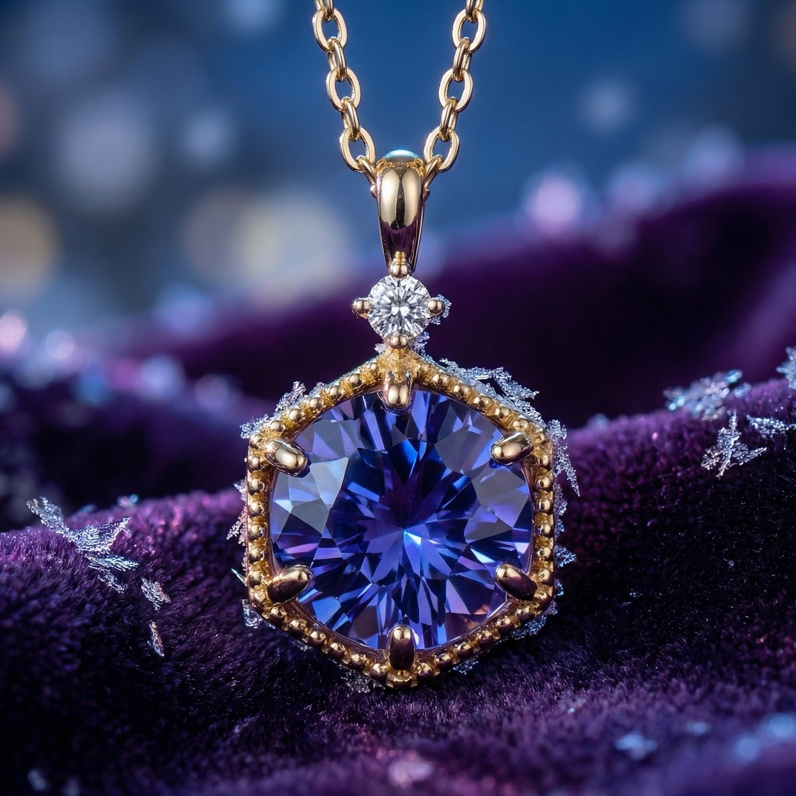 Hexagonal precision-cut simulated tanzanite pendant in 18K gold vermeil on purple velvet with snowflakes.