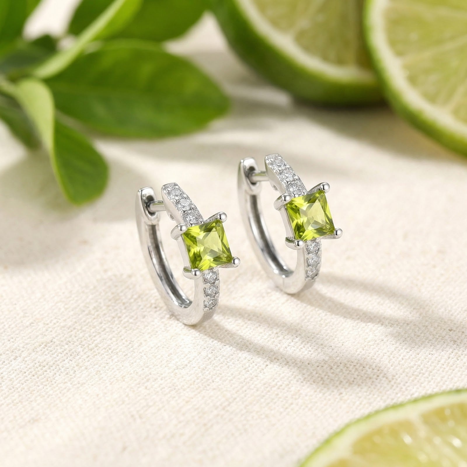 Square-cut simulated peridot sterling silver hoop earrings on a textured surface with lime slices and leaves.