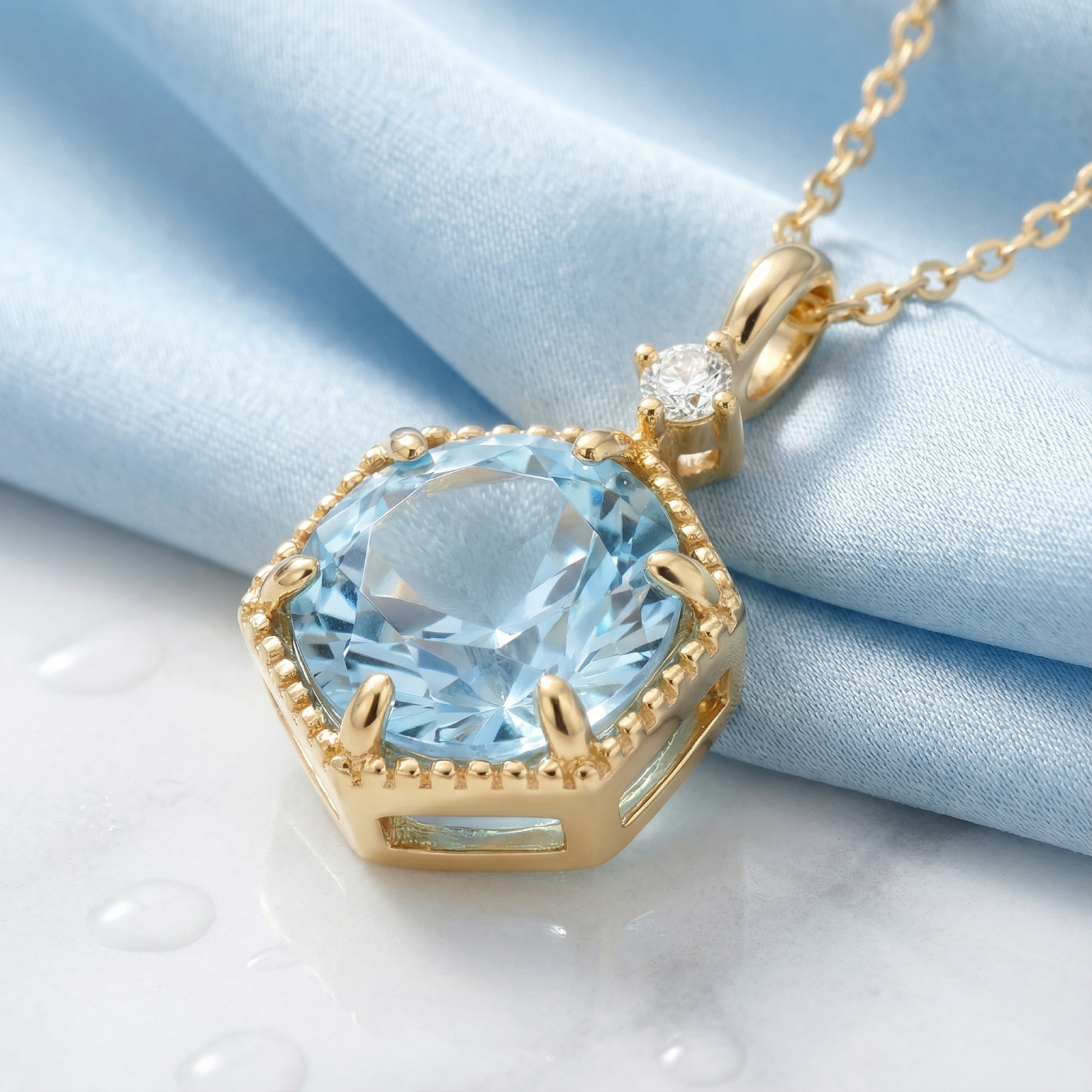 Angled view of the hexagon cut simulated aquamarine necklace in an 18K gold vermeil setting.
