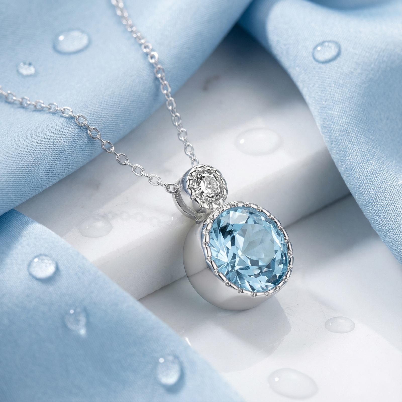 Round-cut sea-water blue simulated aquamarine necklace in S925 sterling silver on blue fabric.