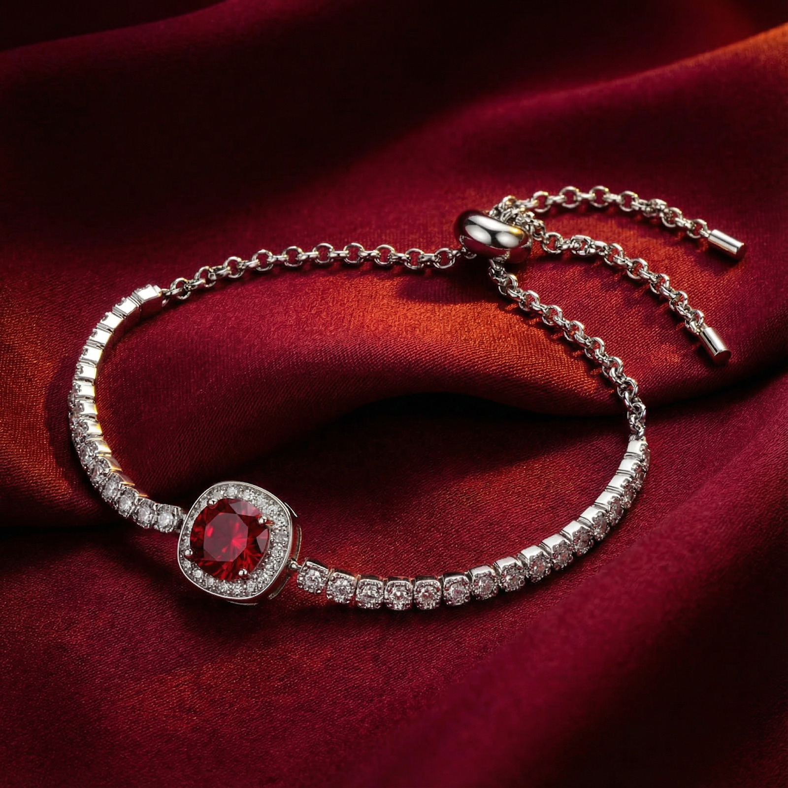 Sterling silver halo bracelet with a cushion-cut simulated ruby on a red satin background.