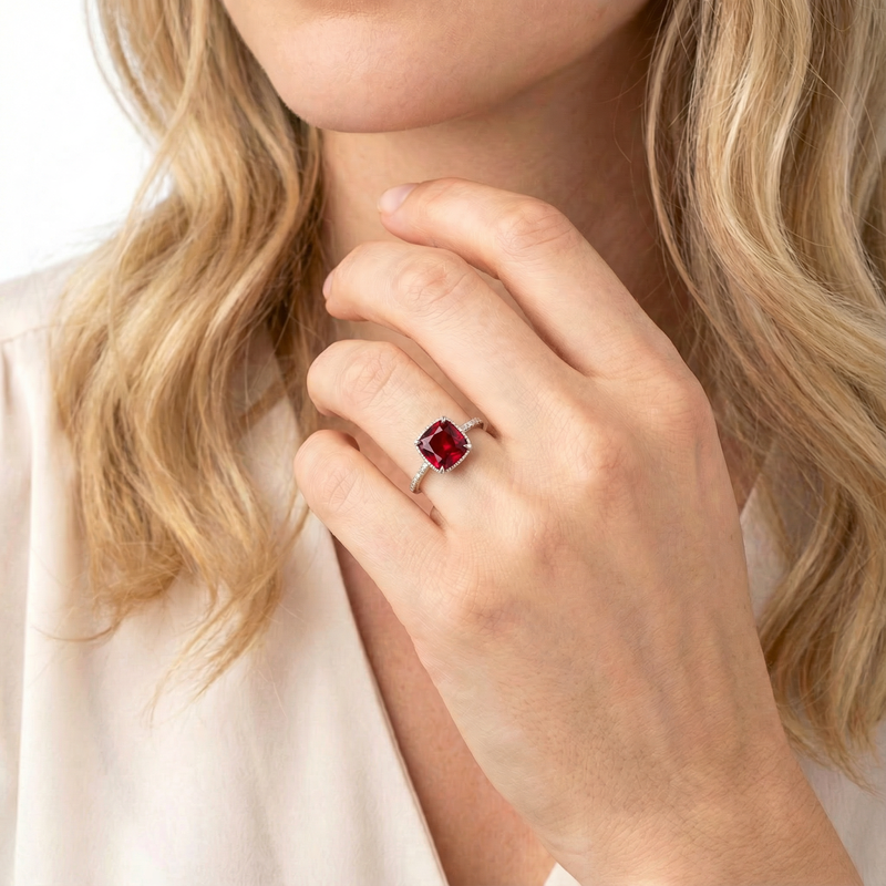 Woman wearing a square-cut simulated ruby ring in S925 sterling silver, lifestyle view.