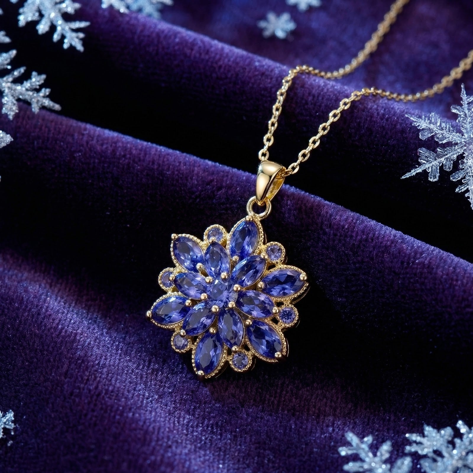 Gold finish stainless steel necklace with marquise-cut simulated tanzanite flower pendant on purple velvet.