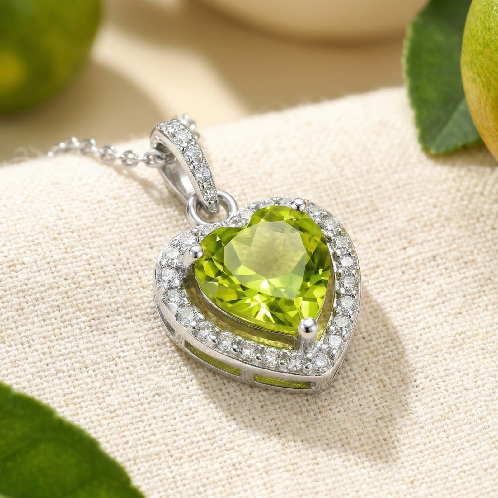 Heart-cut simulated peridot necklace in S925 sterling silver with a halo setting, resting on a beige fabric surface.