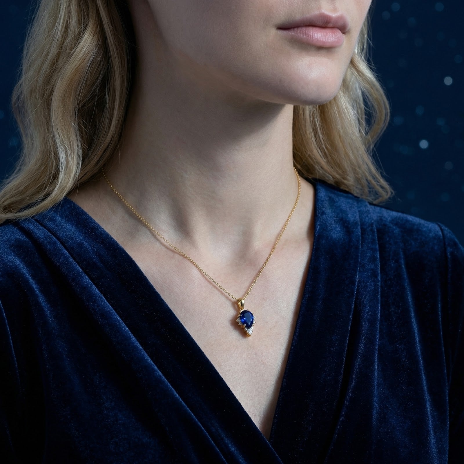Pear-shaped simulated sapphire pendant in 18K gold vermeil worn by a model against a blue velvet background.