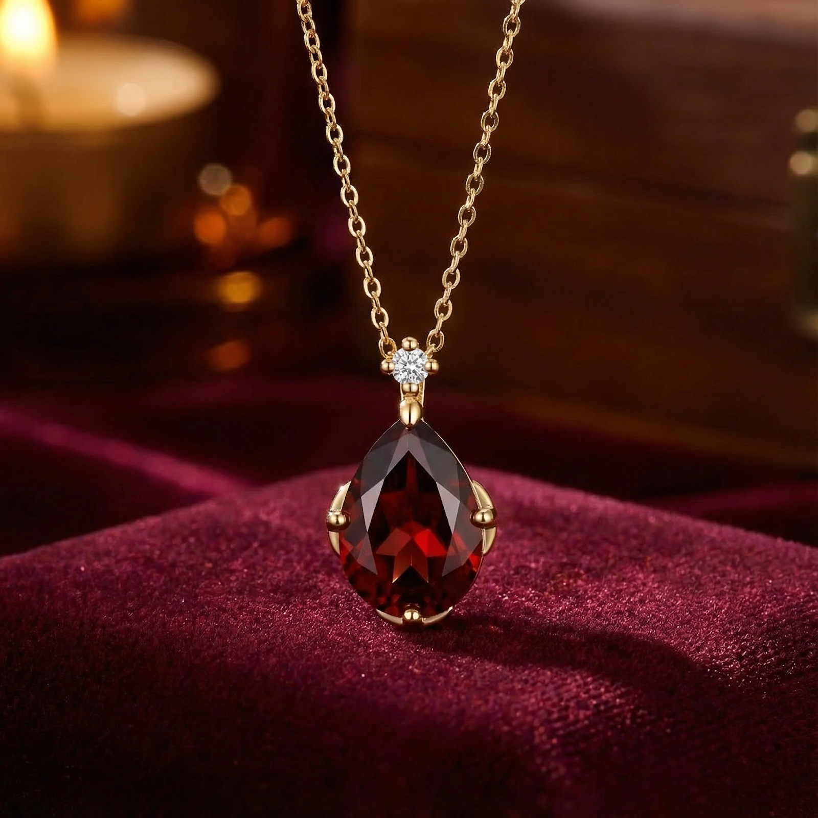 Pear cut simulated garnet necklace in 18K gold vermeil resting on red velvet with a warm candlelit background.