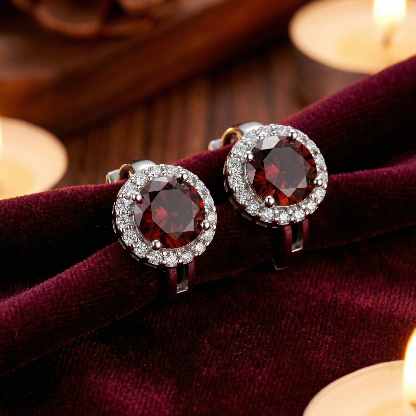 Round cut simulated garnet halo stud earrings in S925 sterling silver on red velvet with ambient candle light.