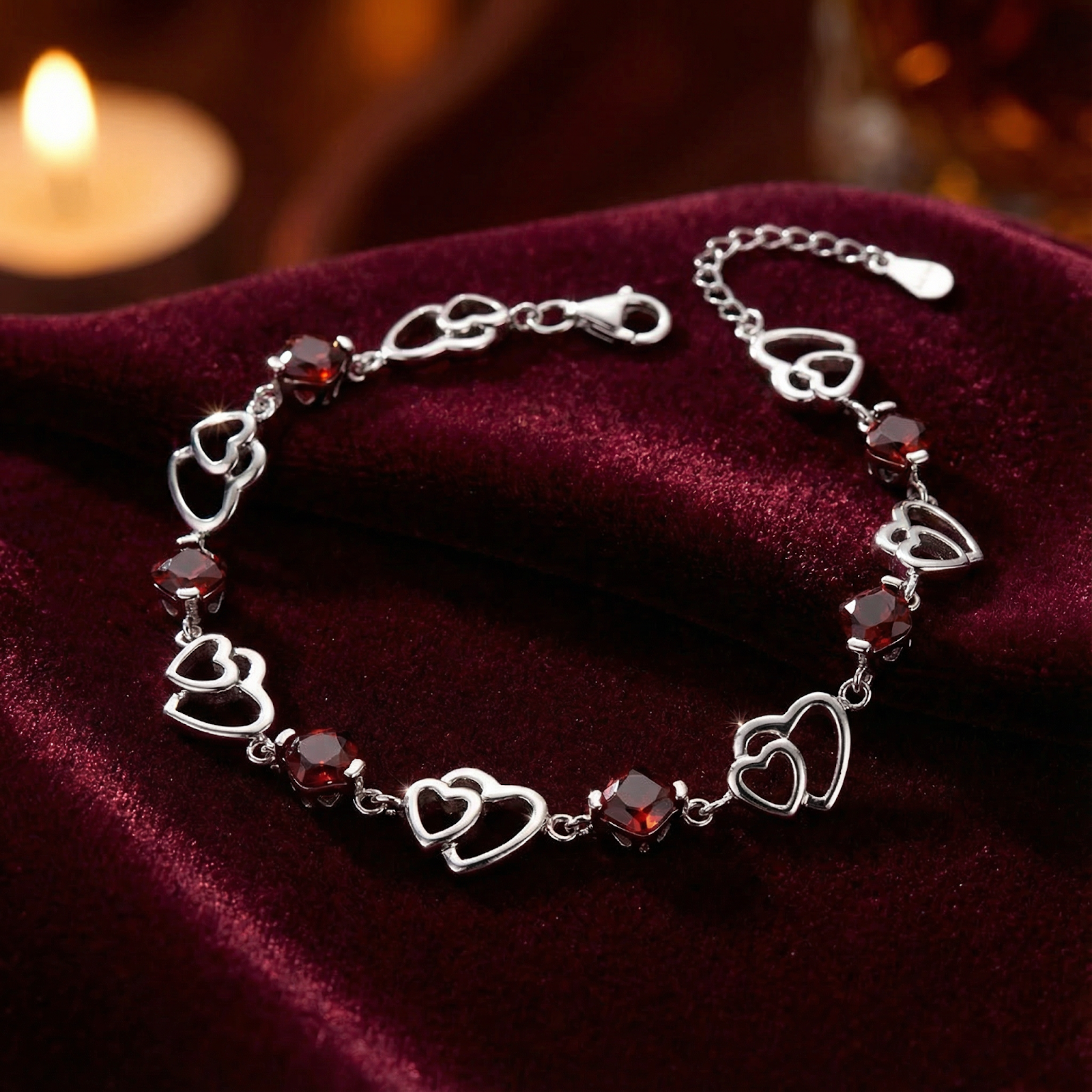 Sterling silver heart bracelet with square-cut crimson simulated garnets on a dark red velvet background.