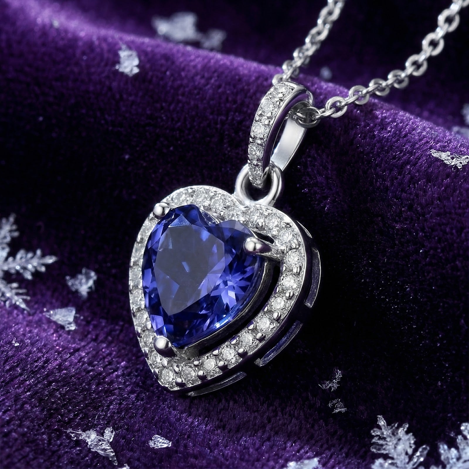 Macro view of a heart-shaped blue simulated tanzanite necklace in S925 sterling silver.