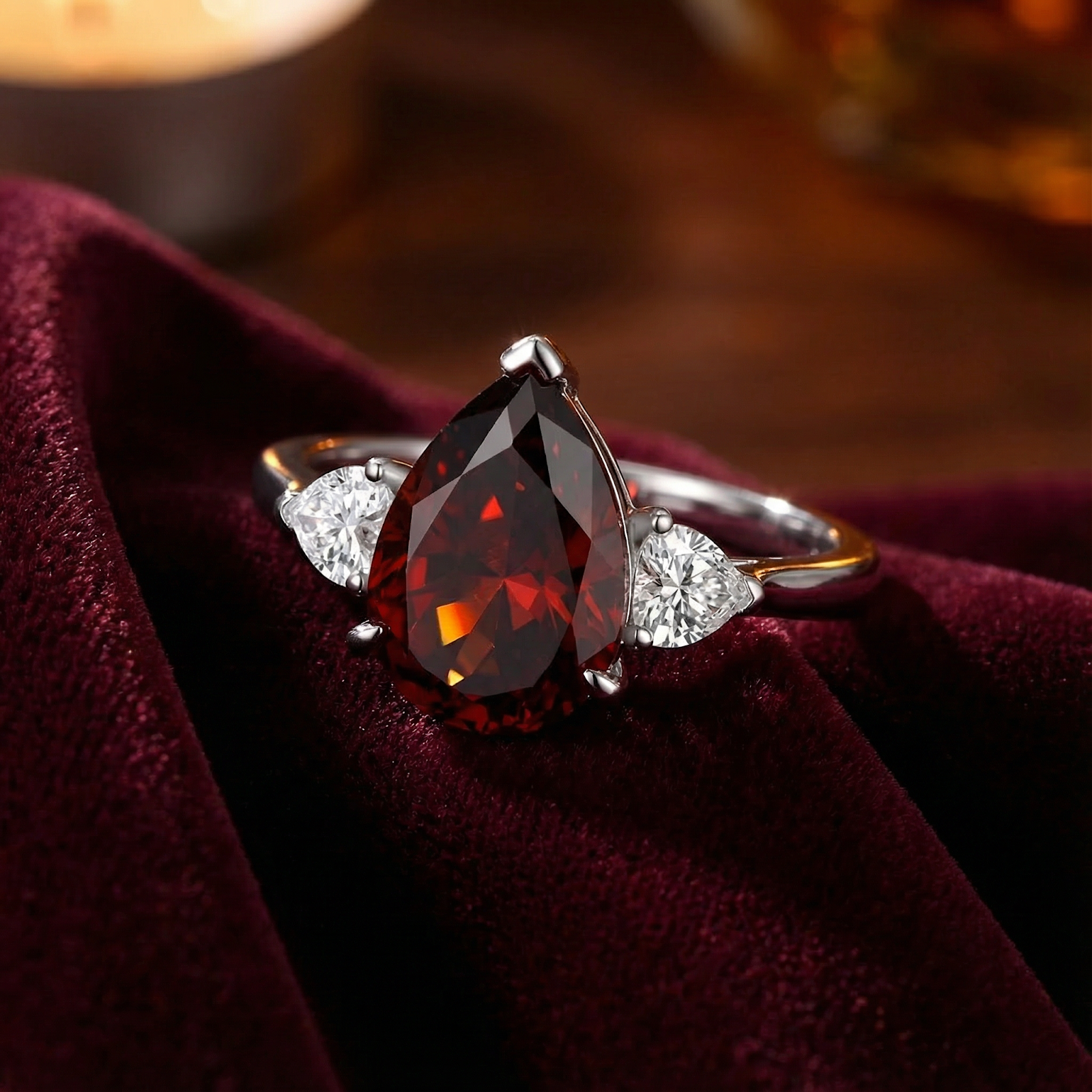 Macro view of a pear-cut red garnet ring in S925 sterling silver with clear side stones on red velvet.