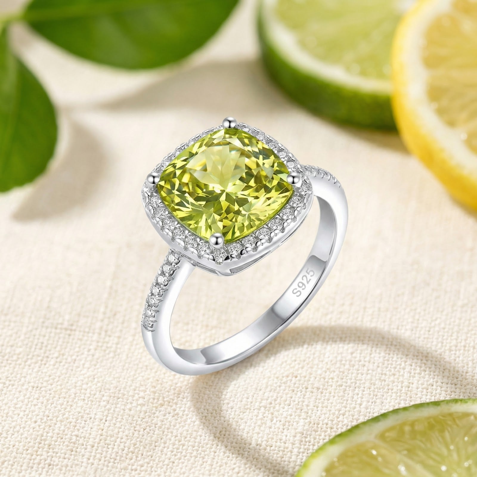 Cushion cut simulated peridot ring in S925 sterling silver with a halo, styled with fresh citrus fruit.
