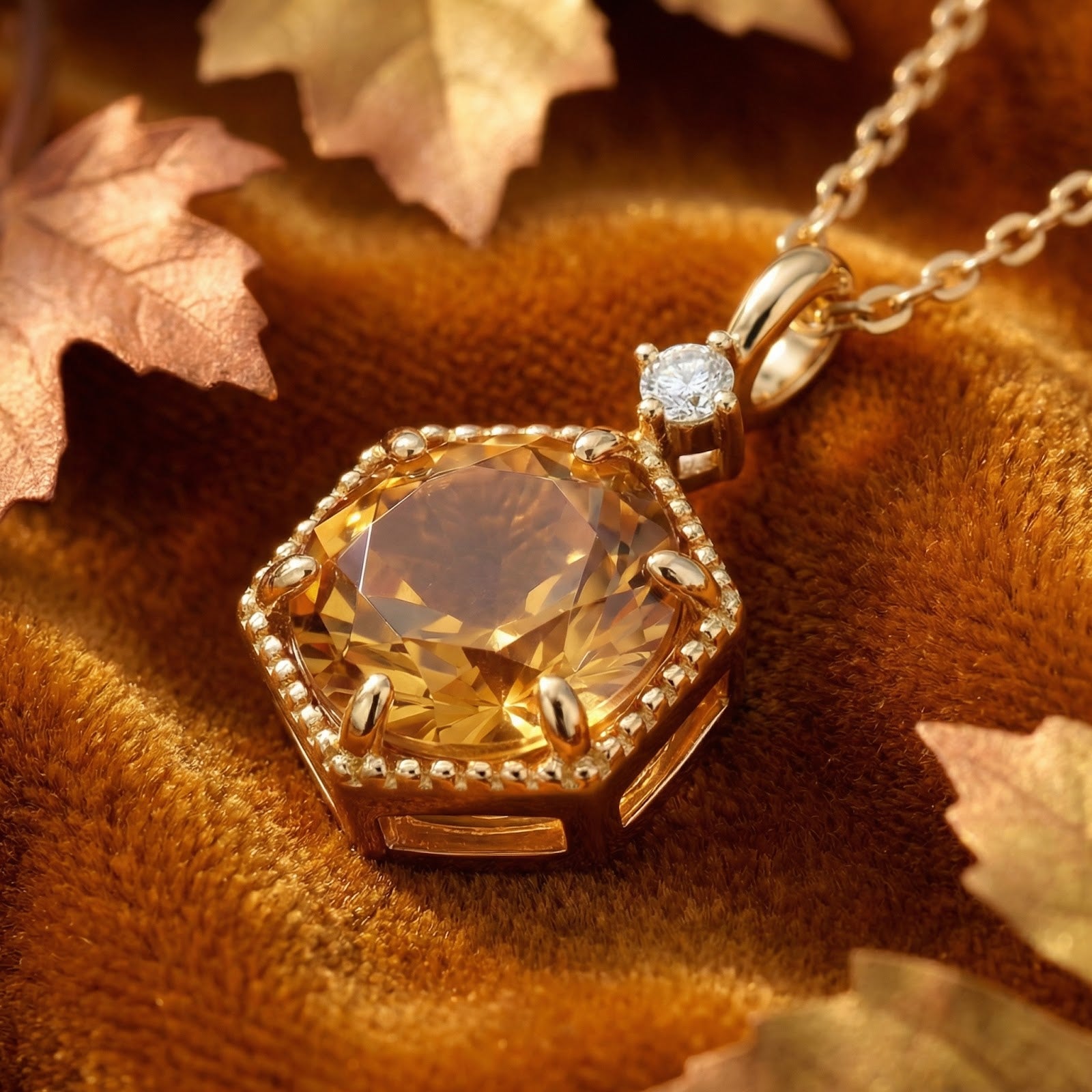 Side view of a hexagon-cut simulated topaz pendant in 18K gold vermeil resting on velvet with fall leaves.