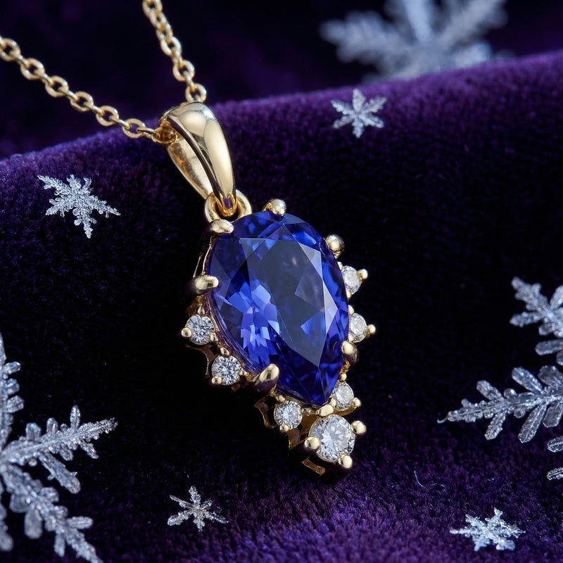 Macro view of the pear-cut simulated tanzanite pendant in 18K gold vermeil showing the gold setting and accents.