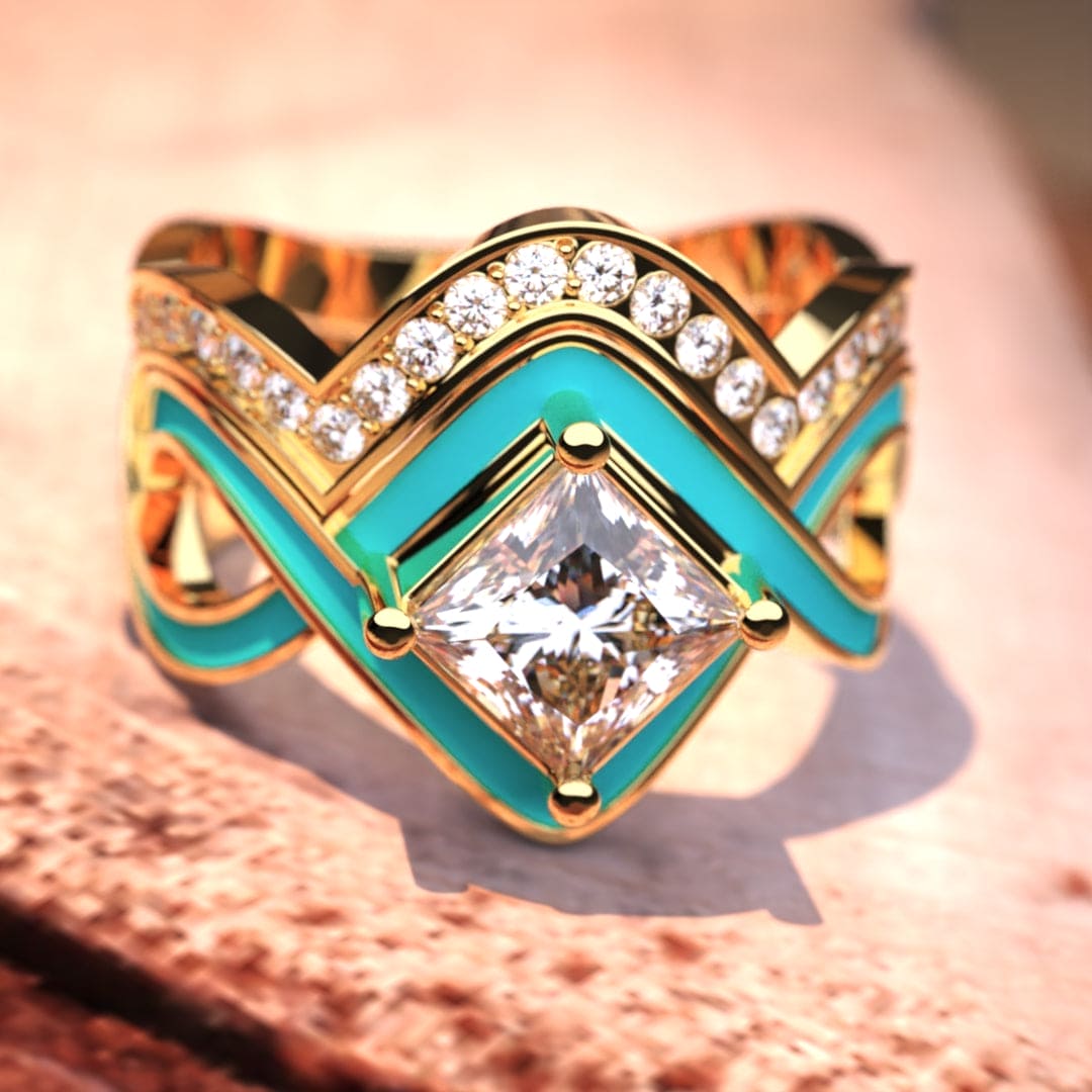 Ocean Wave: Turquoise Vermeil Or 18K, Ensemble de 2 Bagues