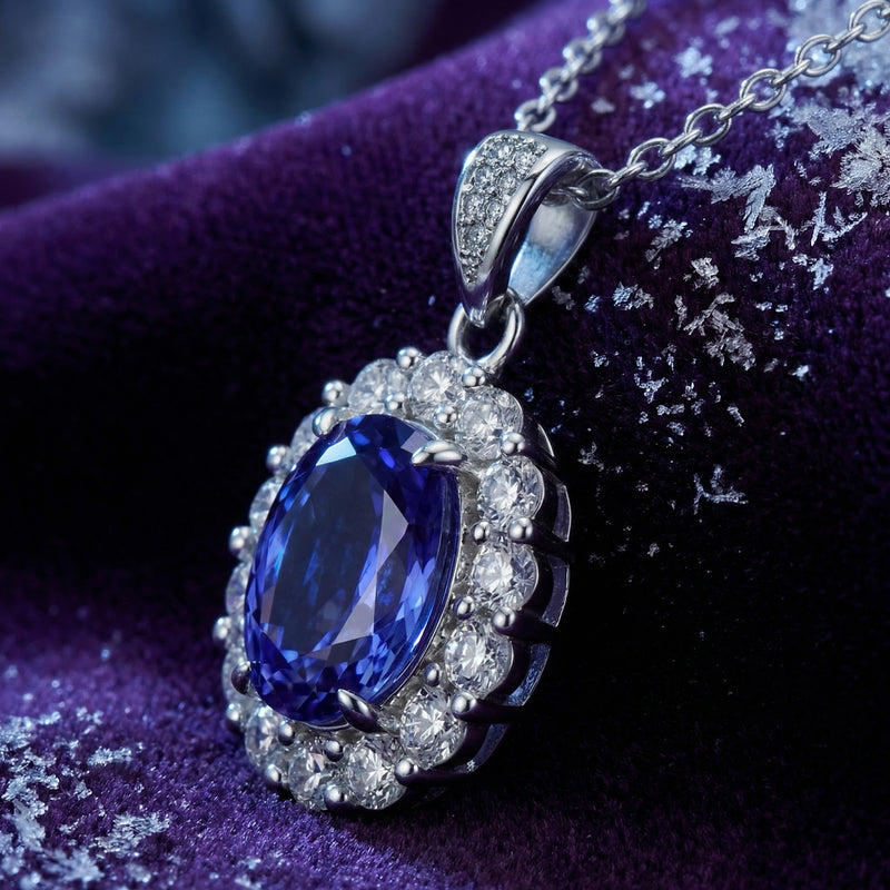 Macro view of the sterling silver Azurienne halo pendant with an oval simulated tanzanite on purple velvet.