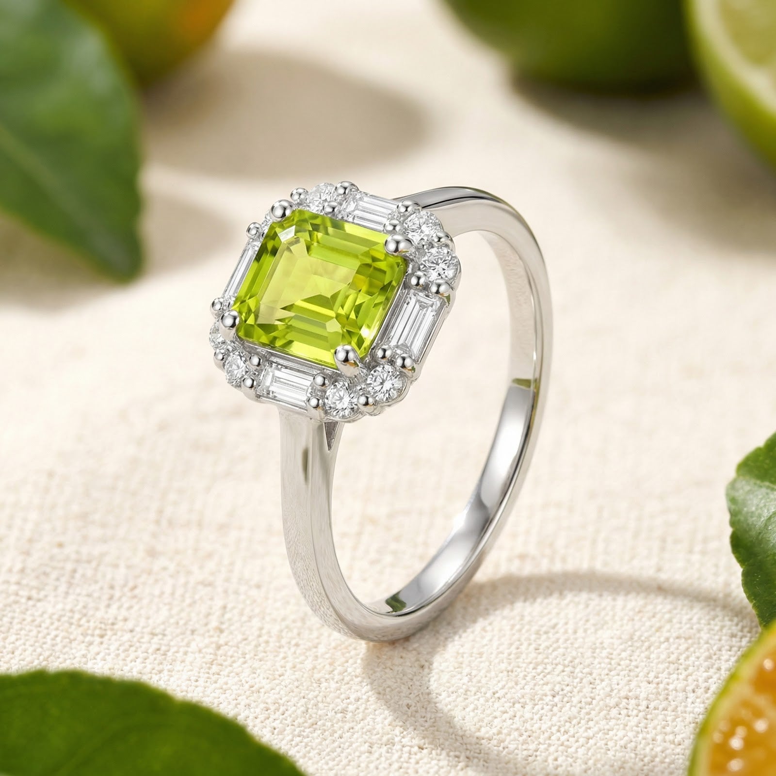Sterling silver ring featuring an octagon cut yellow-green simulated peridot with a geometric halo on a styled background.