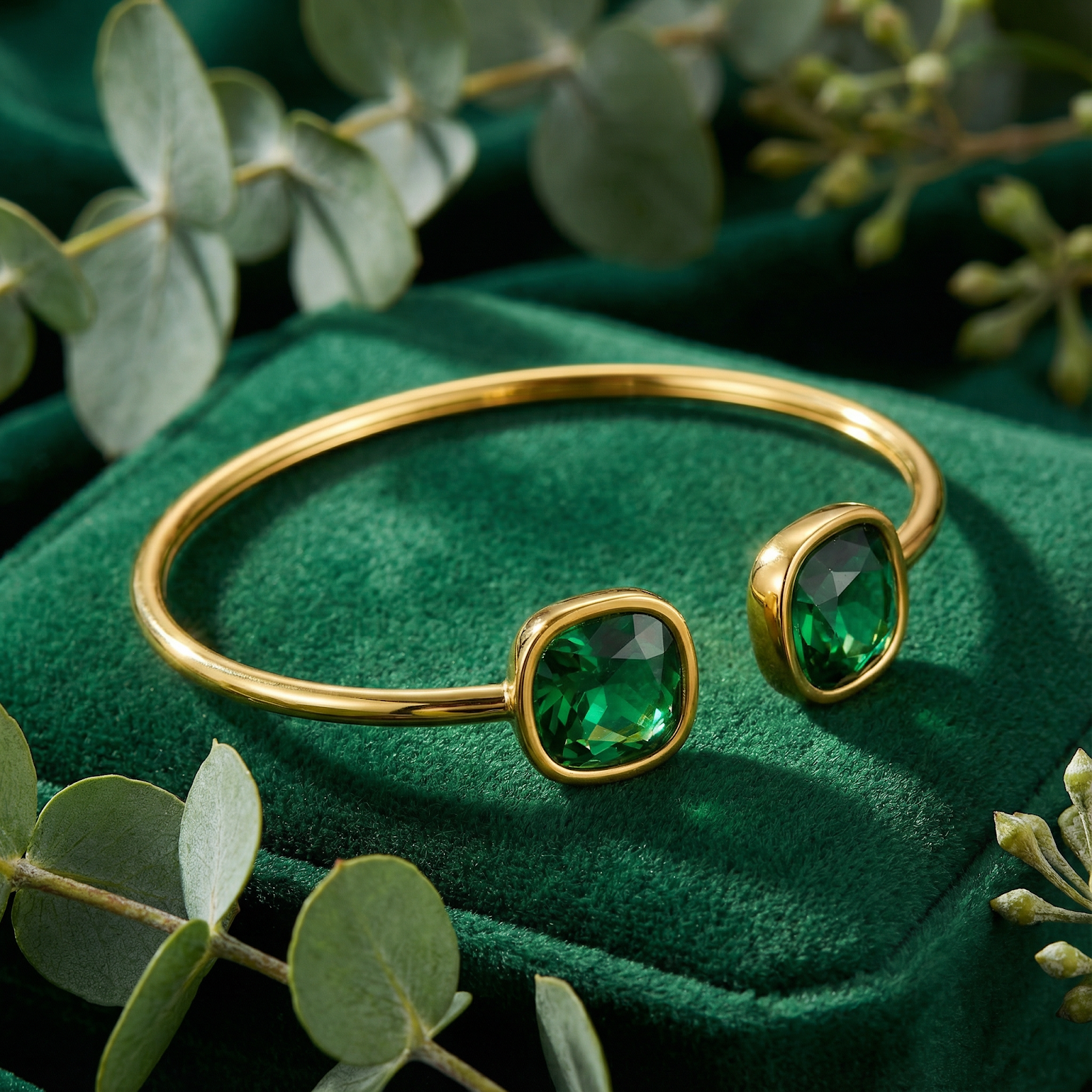 Gold finish stainless steel bypass cuff bracelet with cushion cut simulated emeralds on a green velvet display.