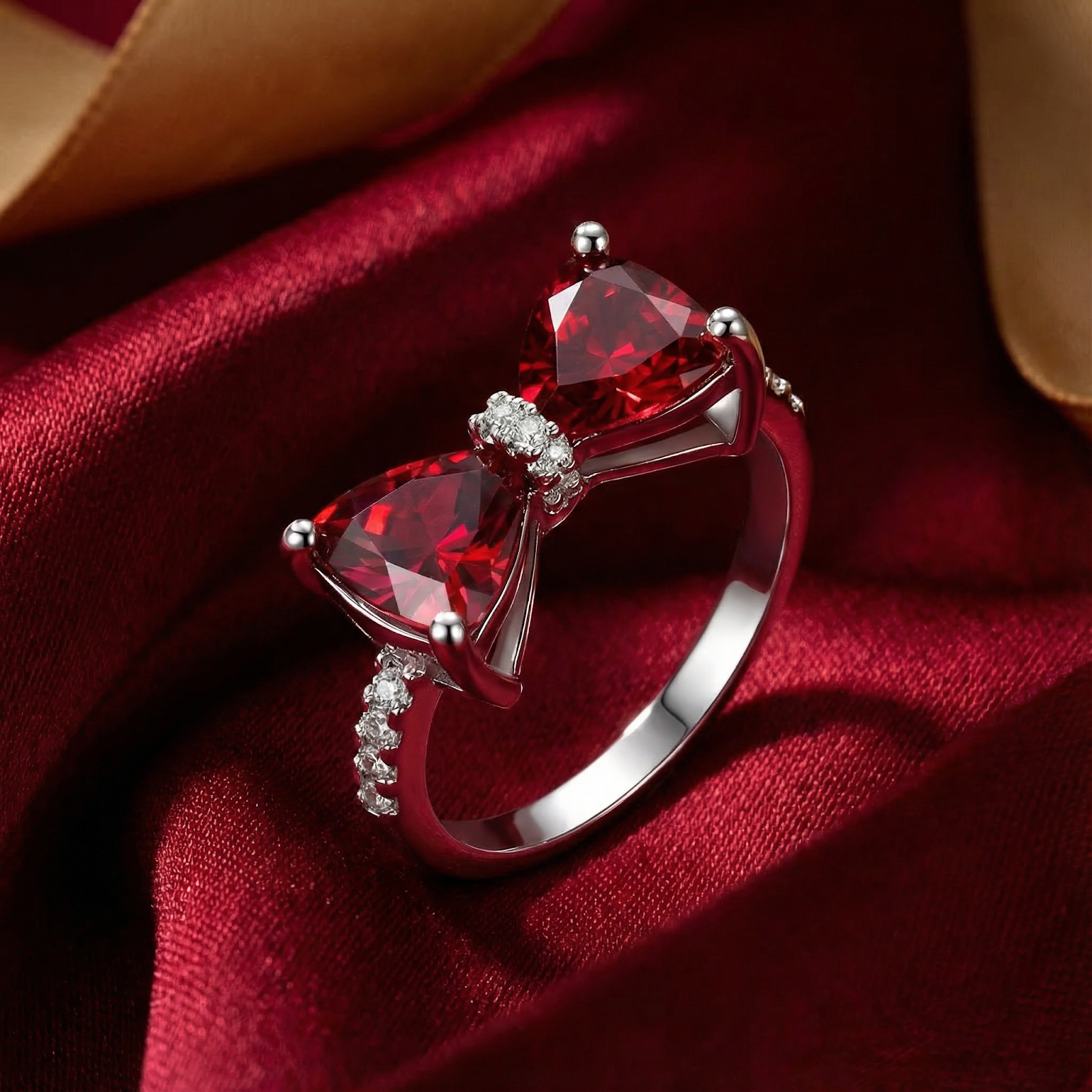 Vivara bow ring in S925 sterling silver with trillion-cut simulated rubies on red satin fabric.