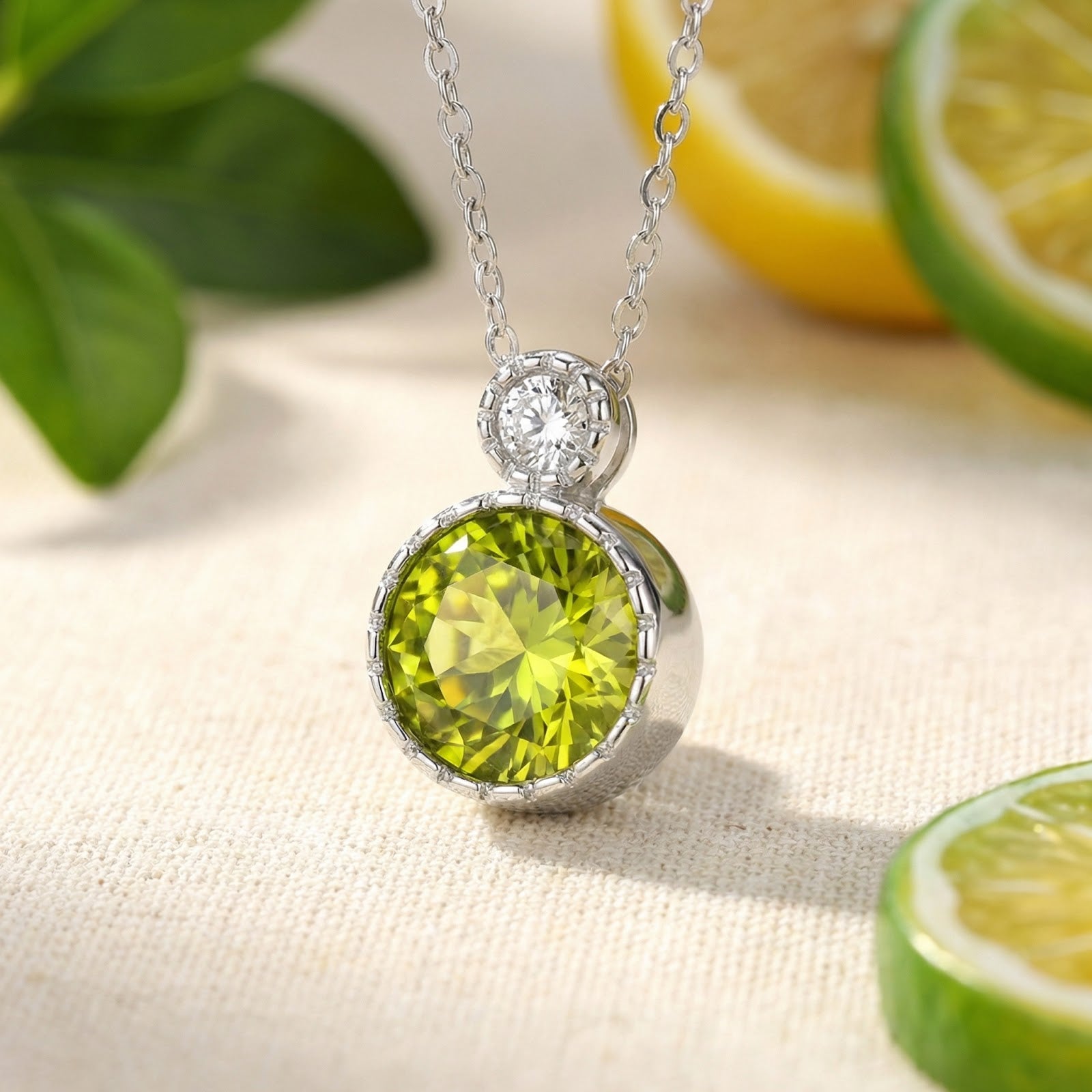 Macro view of the precision-faceted round simulated peridot pendant in a silver setting with accent stone.