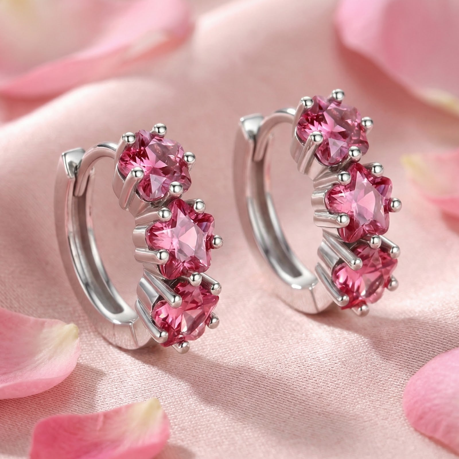 Sterling silver star huggie earrings with star-cut pink tourmaline stones on pink silk with rose petals.