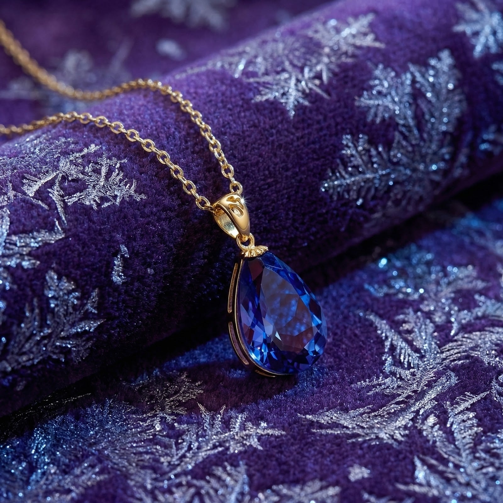 Pear-cut simulated tanzanite necklace in 18K gold vermeil resting on purple snowflake-patterned velvet.