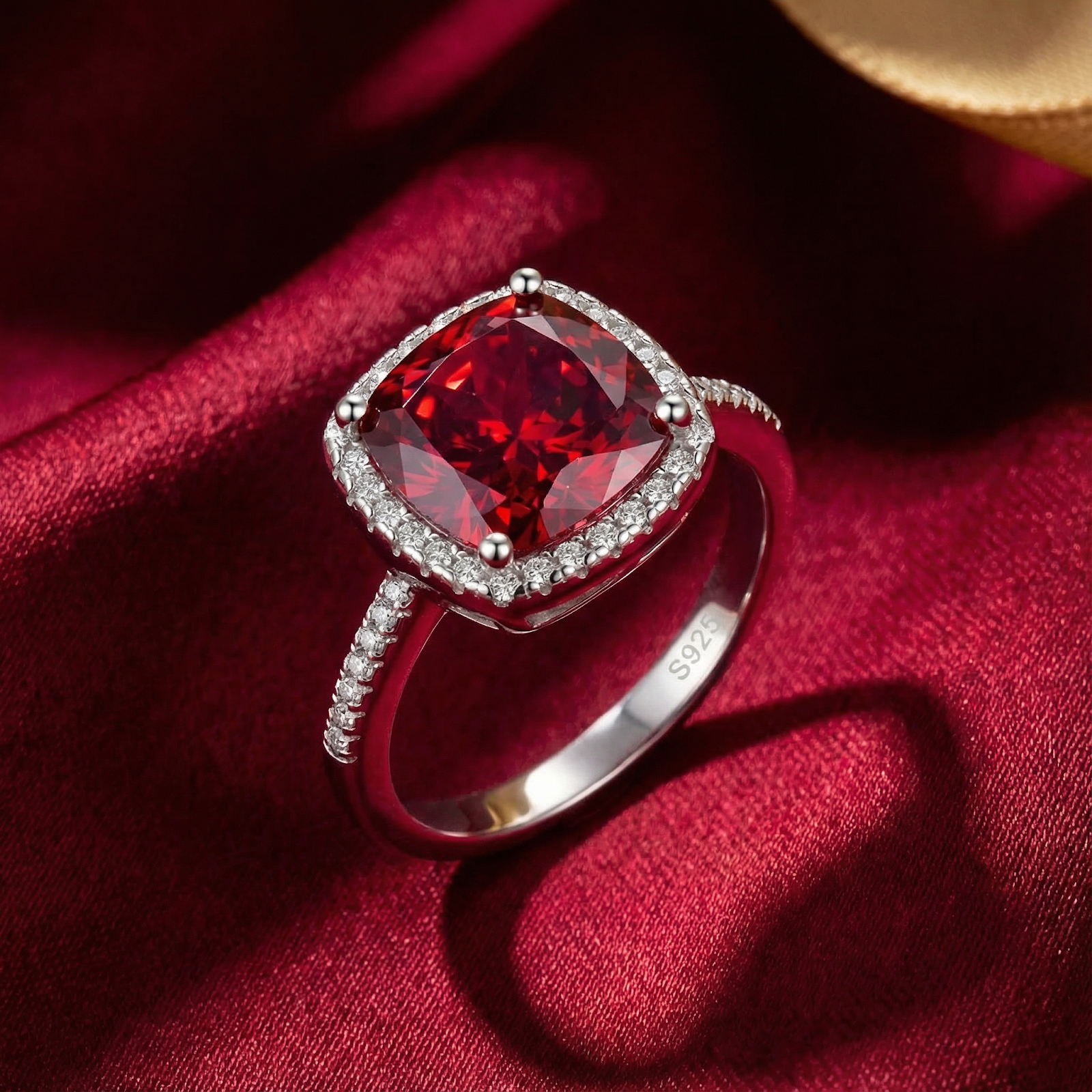 Cushion-cut simulated ruby halo ring in S925 sterling silver on a red silk background.