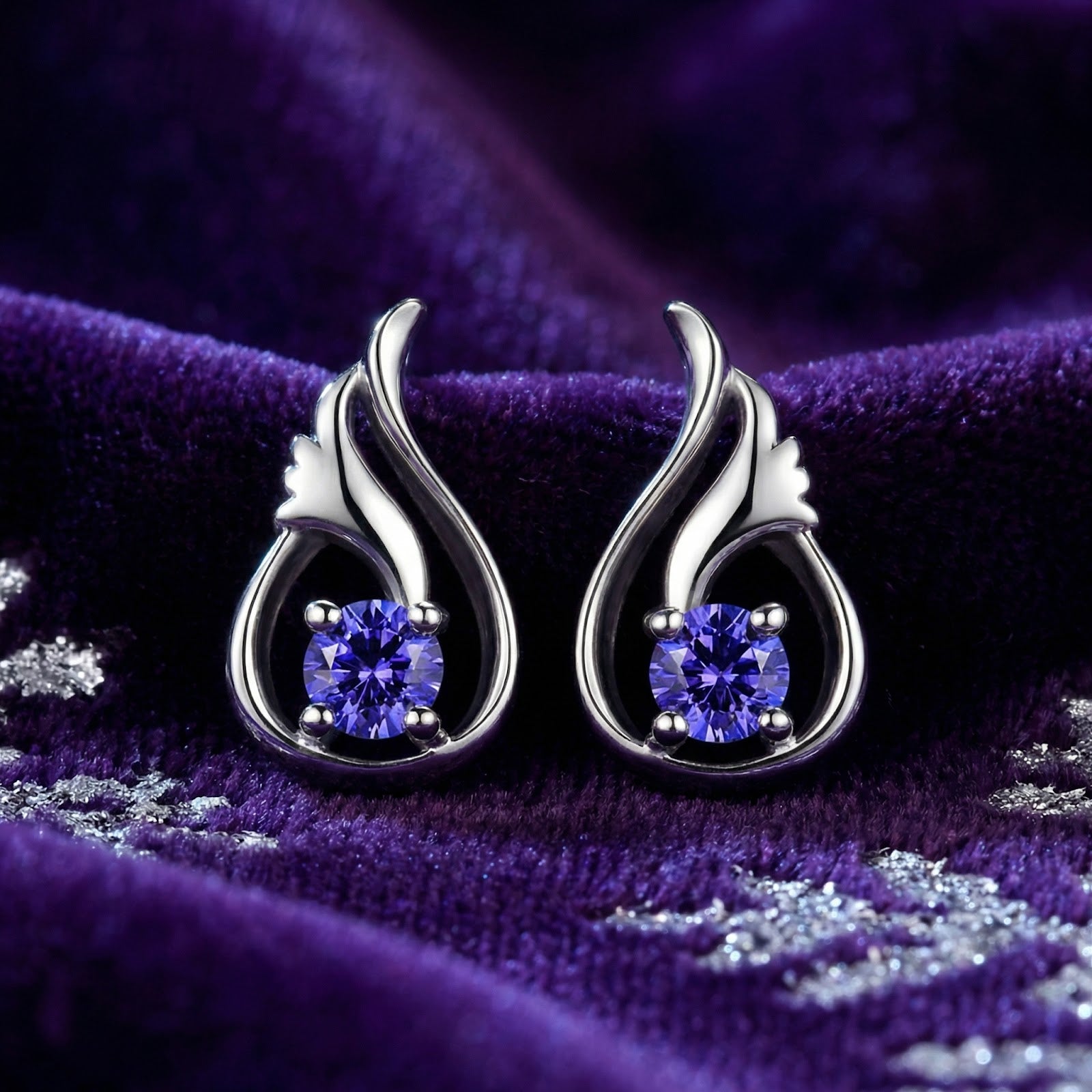Sterling silver Florisara Bud stud earrings with round simulated tanzanite on a purple velvet background.