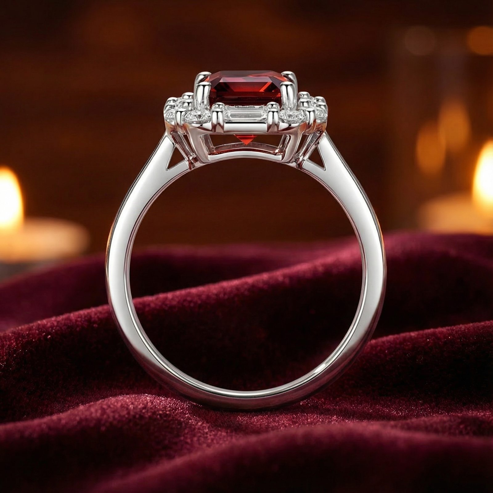 Side view of the Marcella octagon cut red garnet ring in sterling silver showing the basket setting.