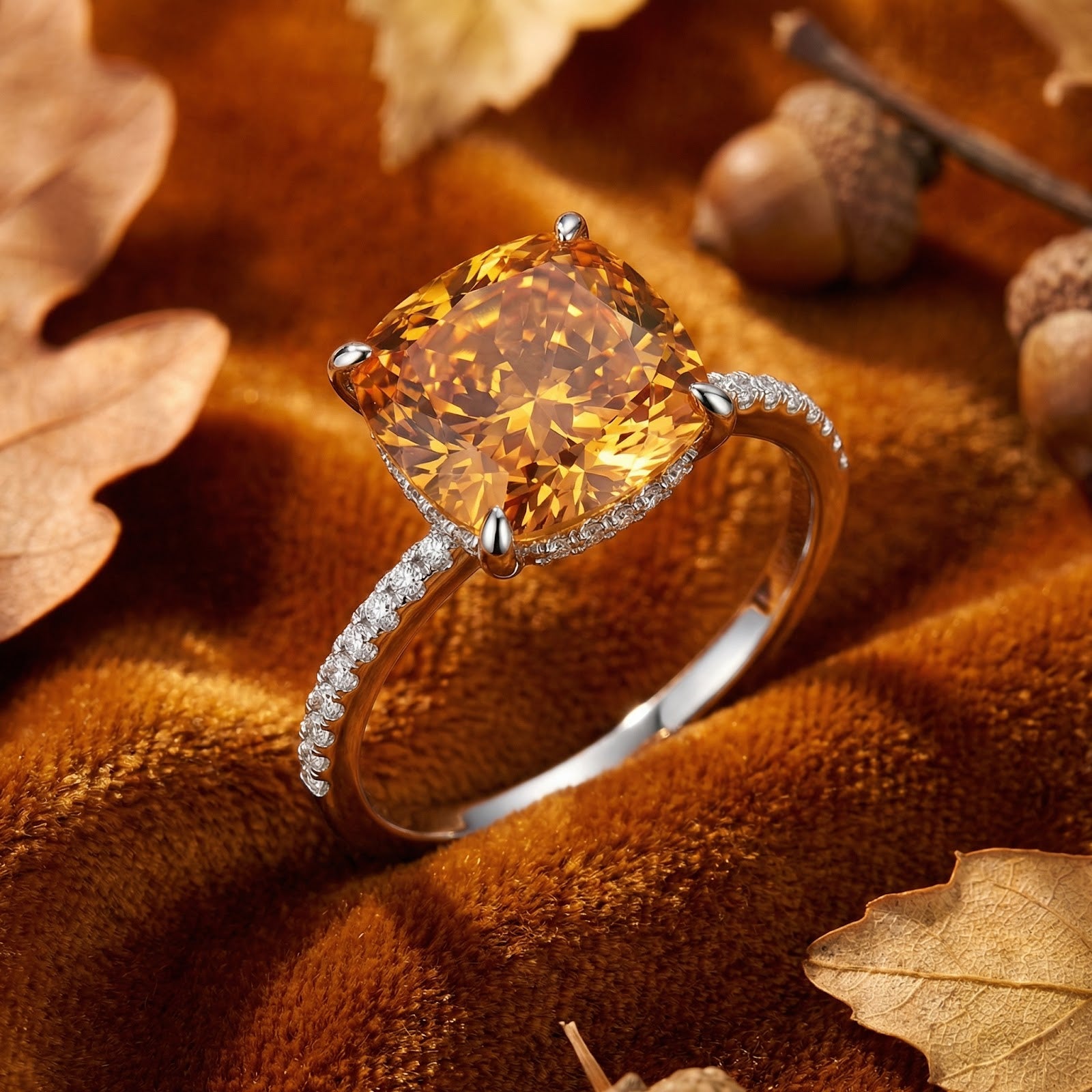 Cushion cut simulated topaz ring in S925 sterling silver displayed on brown velvet with autumn leaves and acorns.