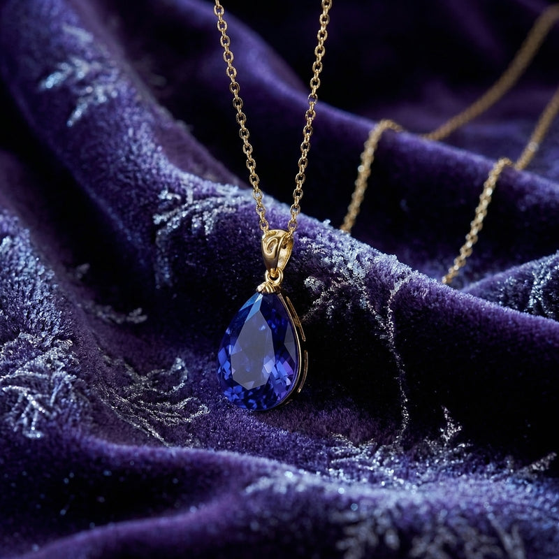 Close-up of a pear-cut simulated tanzanite pendant in an 18K gold vermeil setting on a gold chain.