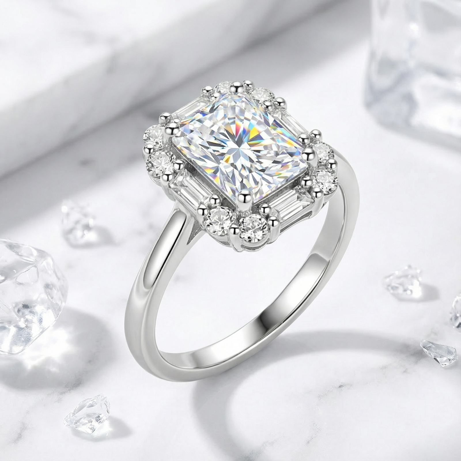Octagon-cut zirconia halo ring in S925 sterling silver on a marble surface with decorative crystals.