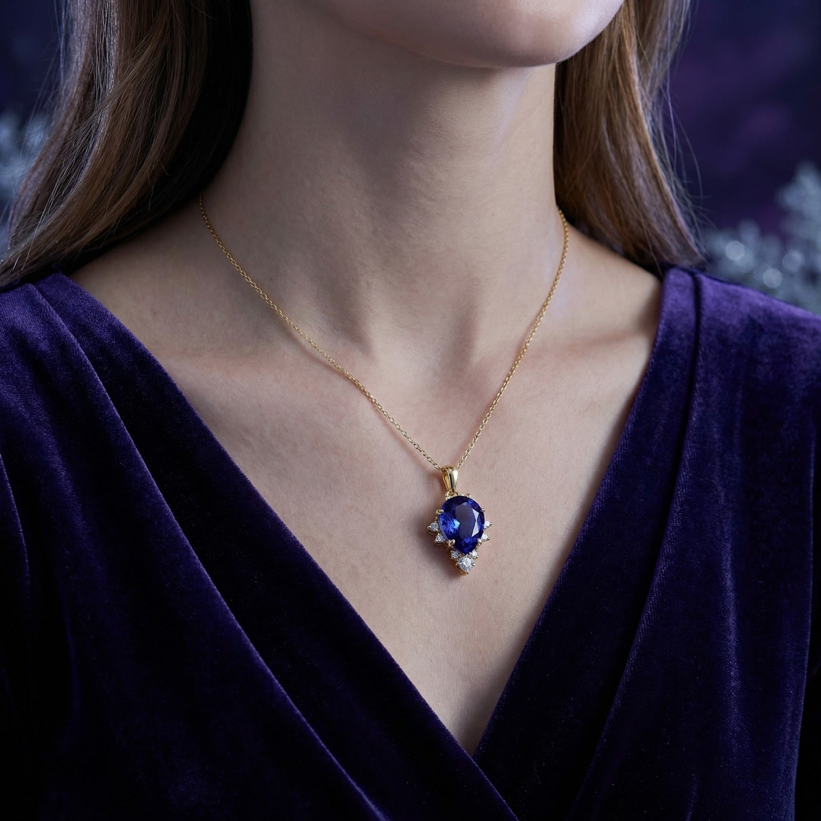Woman wearing the Nerielle pear-cut simulated tanzanite necklace in 18K gold vermeil with a purple velvet dress.