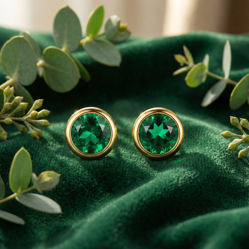 Front view of round simulated emerald bezel stud earrings in 18K gold vermeil on green velvet with eucalyptus leaves.
