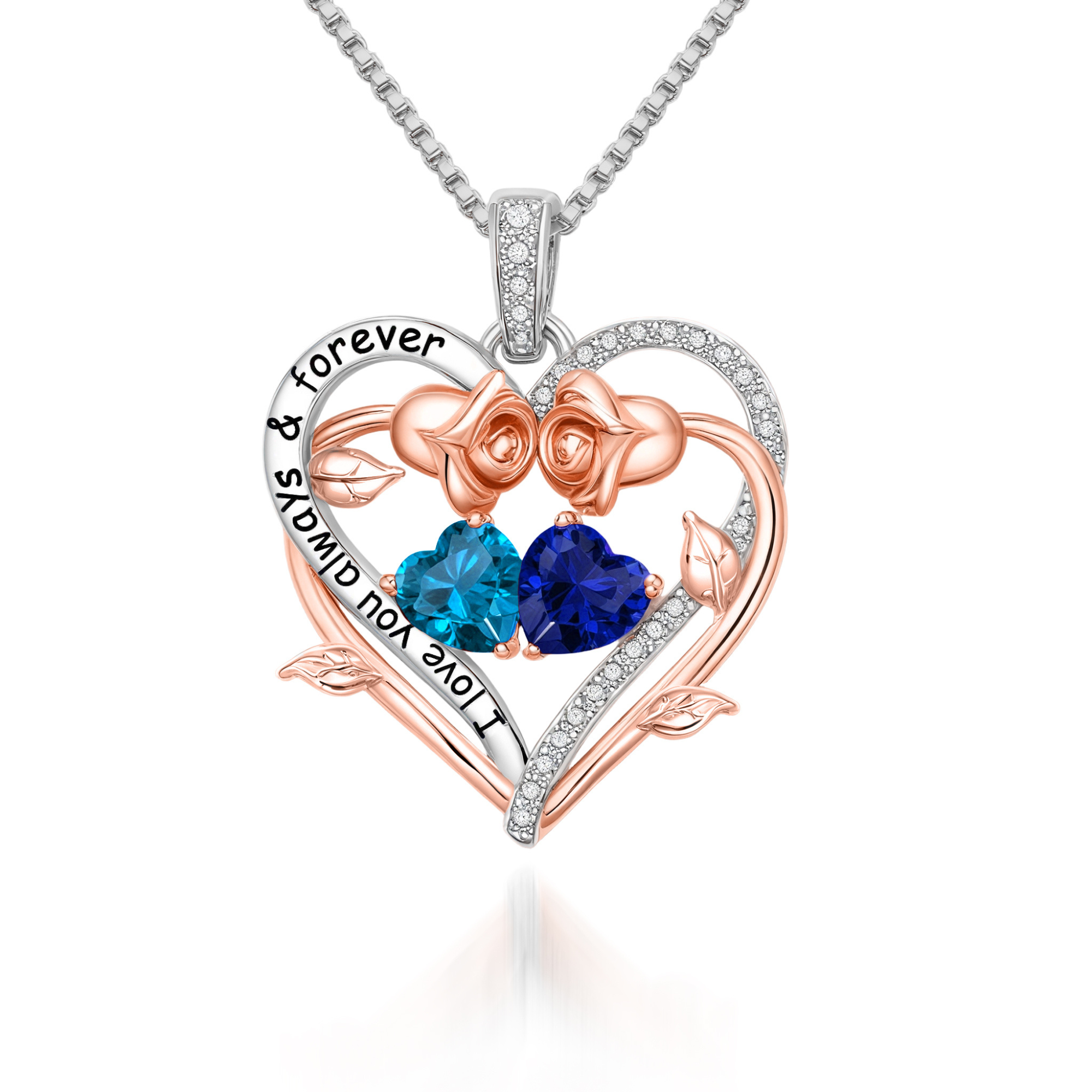 Collier cœur rose gravé avec pierre de naissance