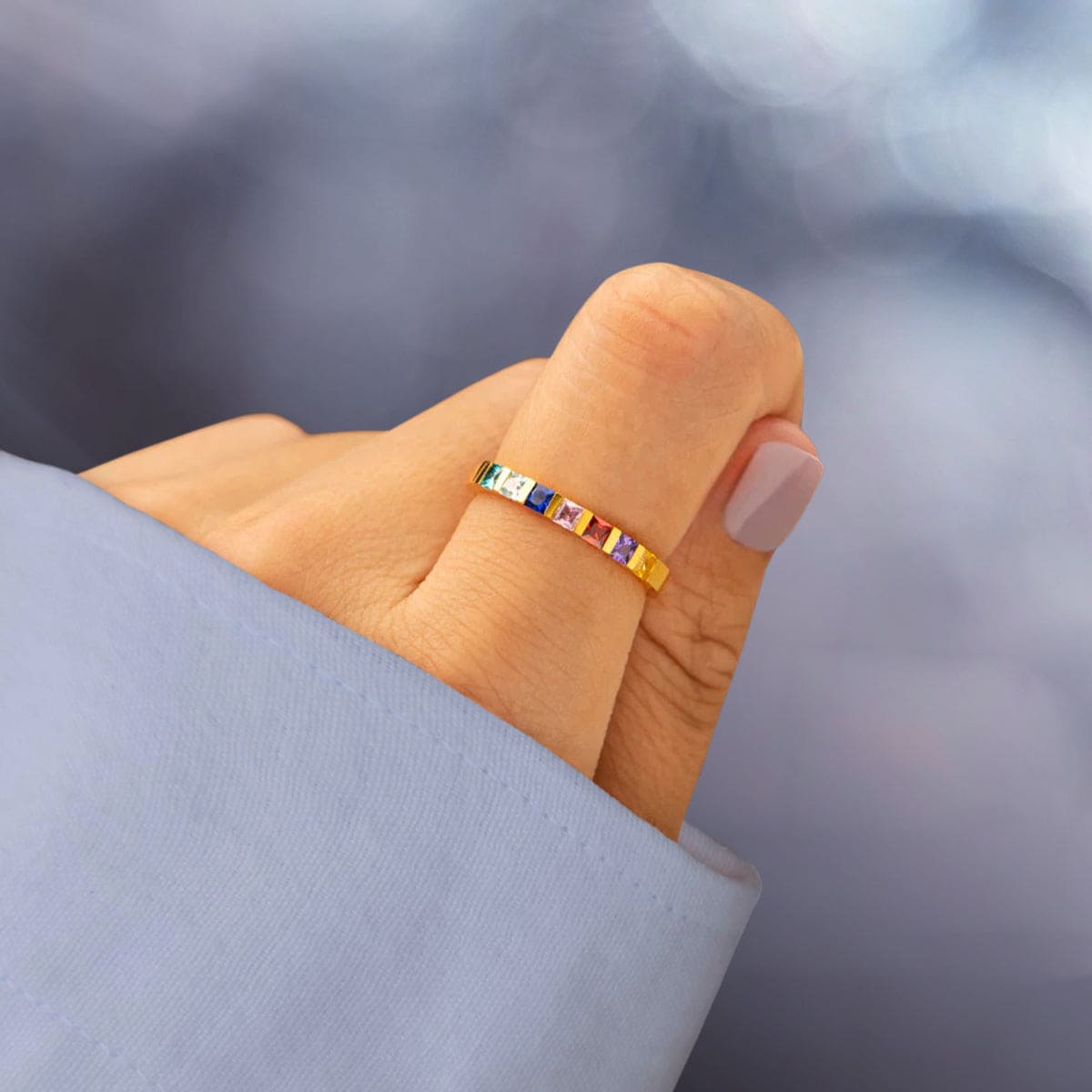 Bague personnalisée pierres de naissance familiales, coupe carrée - Argent Sterling S925
