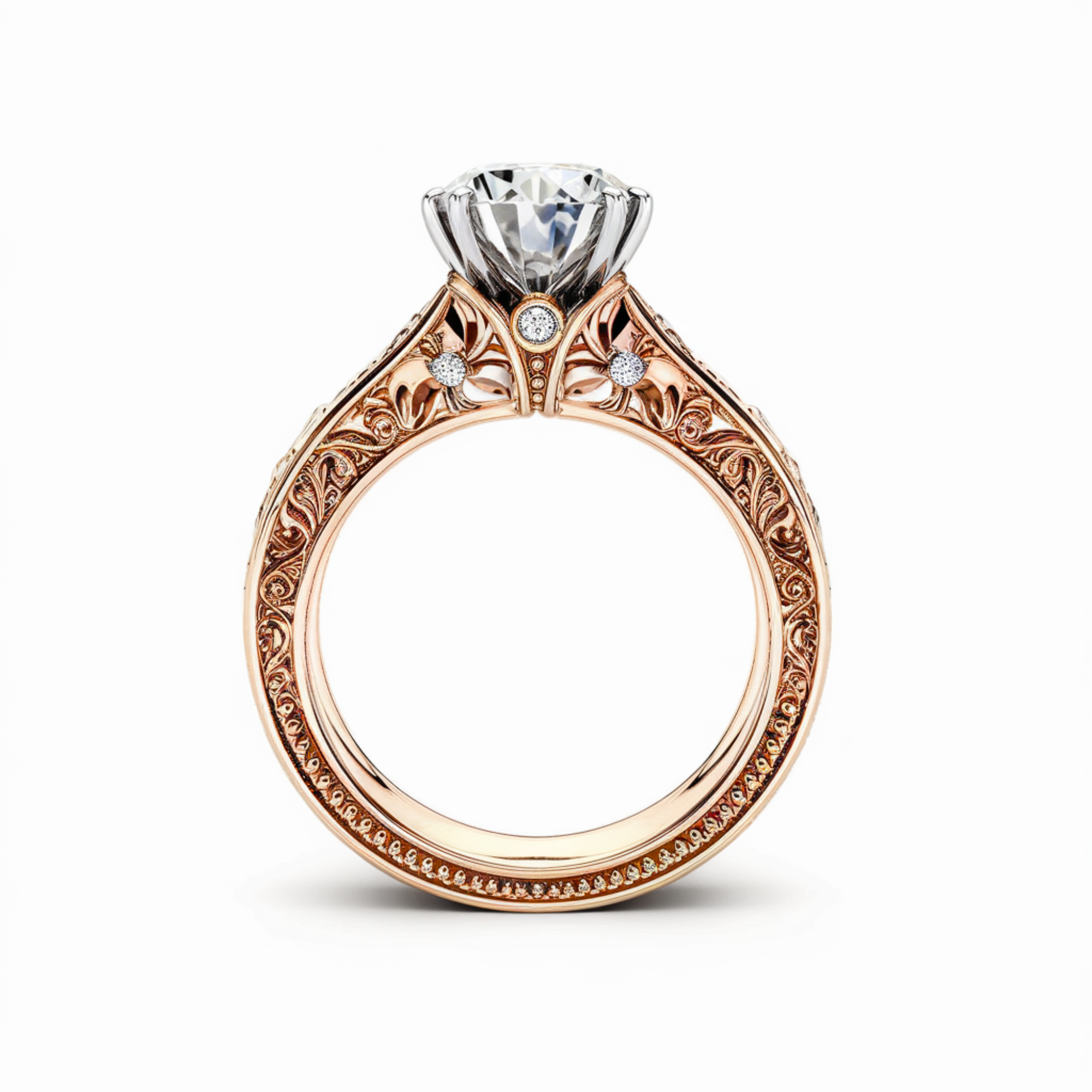 Bague vintage complexe avec diamant taille ronde