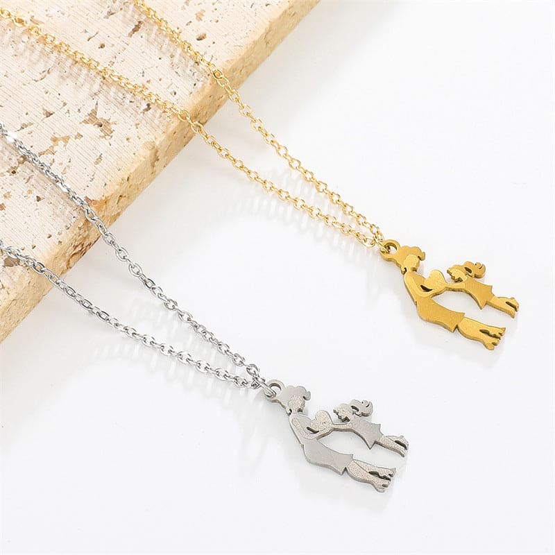 Collier Pendentif Mère Joyeuse et Deux Enfants - Acier Inoxydable