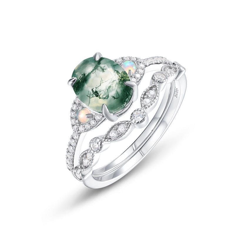 Ensemble Bague avec Agate Mousse Ovale et Diamants - Argent Sterling S925