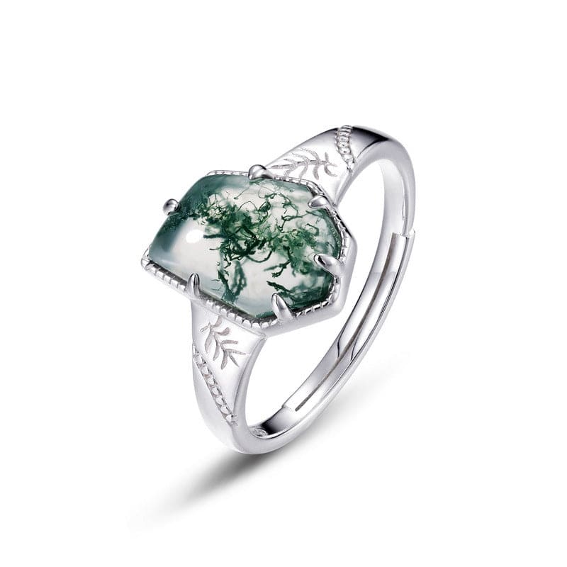 Bague coussin en agate mousse naturelle motif feuille - Argent Sterling S925
