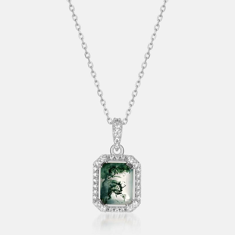 Collier Pendentif Rectangulaire Agate Mousse Bordure Brillante - Argent Sterling S925