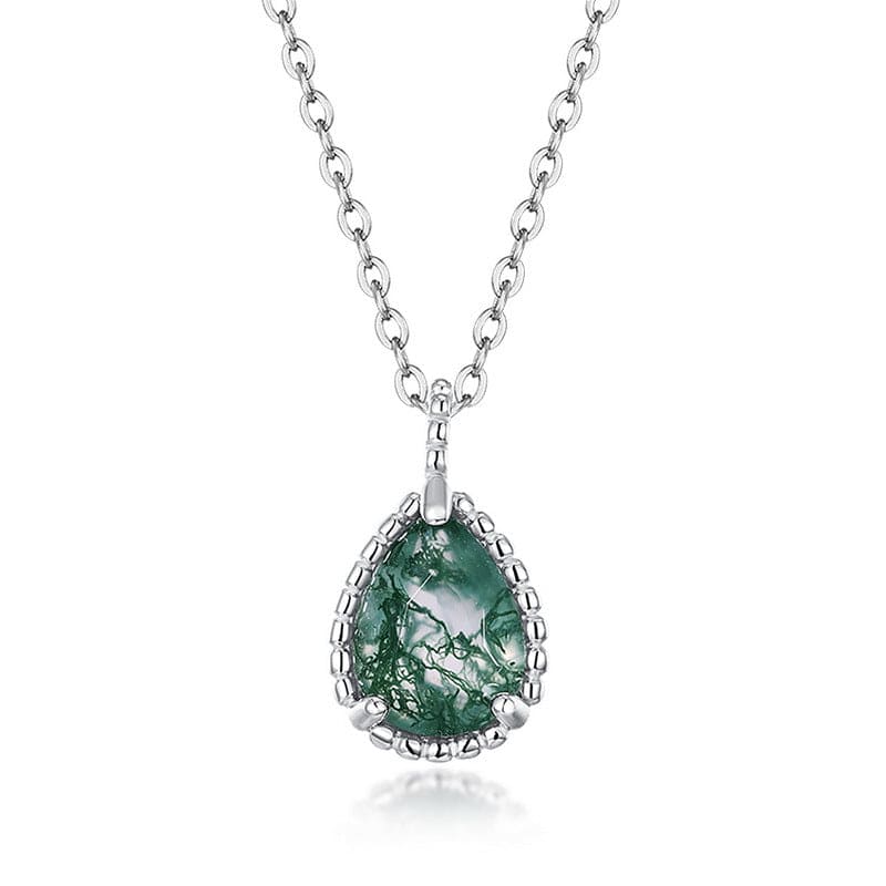 Pendentif Agate Mousse Naturelle en Forme de Goutte - Argent Sterling S925